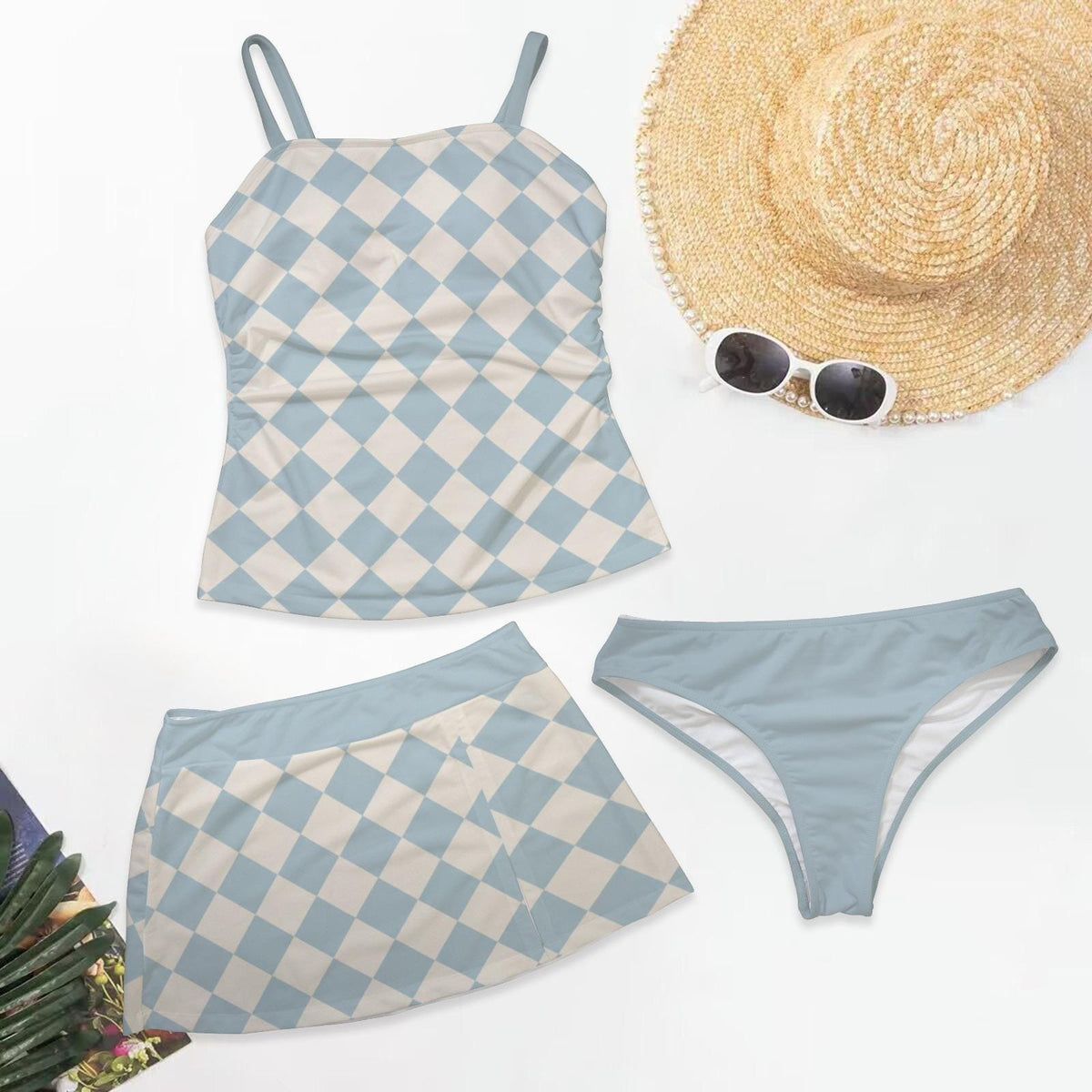 Retro Tankini With Skirt 3-Piece Swim Set - Vintage Blue Diamonds