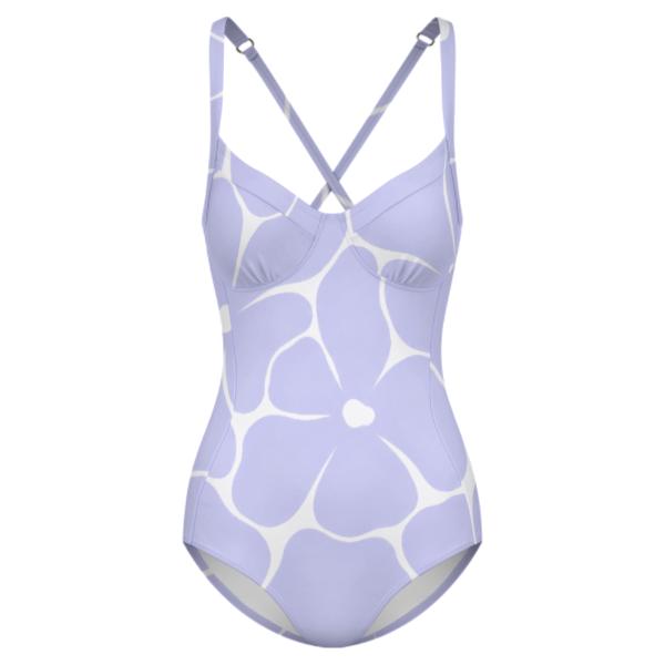 Retro Romantic Floral Push-Up One-Piece Swimsuit with Lace-Up Back, Vintage Florals in Lilac