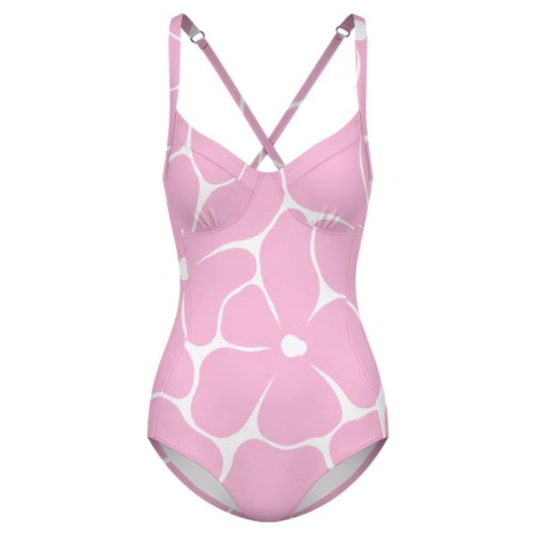 Retro Romantic Floral Push-Up One-Piece Swimsuit with Lace-Up Back, Vintage Florals in Pink