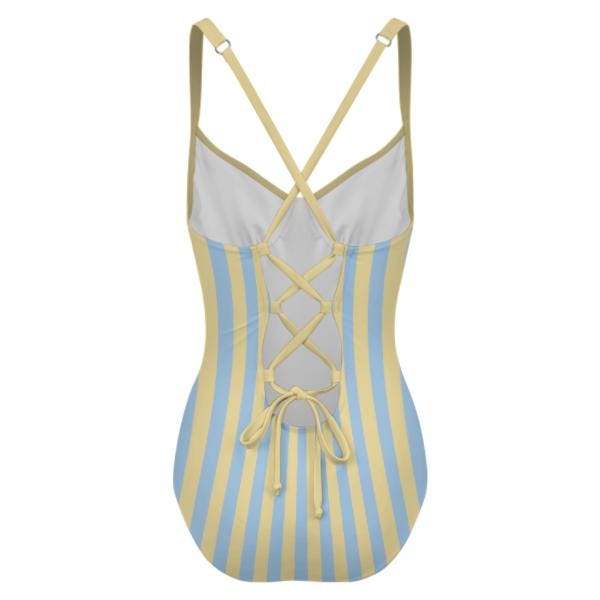 Retro Romantic Push-Up One-Piece Swimsuit with Lace-Up Back, Striped Buttermilk and Blue