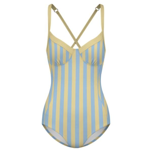 Retro Romantic Push-Up One-Piece Swimsuit with Lace-Up Back, Striped Buttermilk and Blue