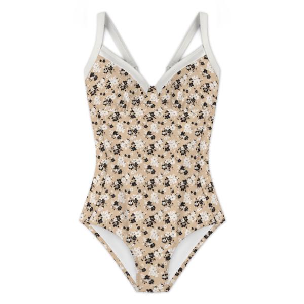 Retro Romantic Floral Push-Up One-Piece Swimsuit, Lace-Up Back, Classic Autumnal Ditsy Florals in Beige