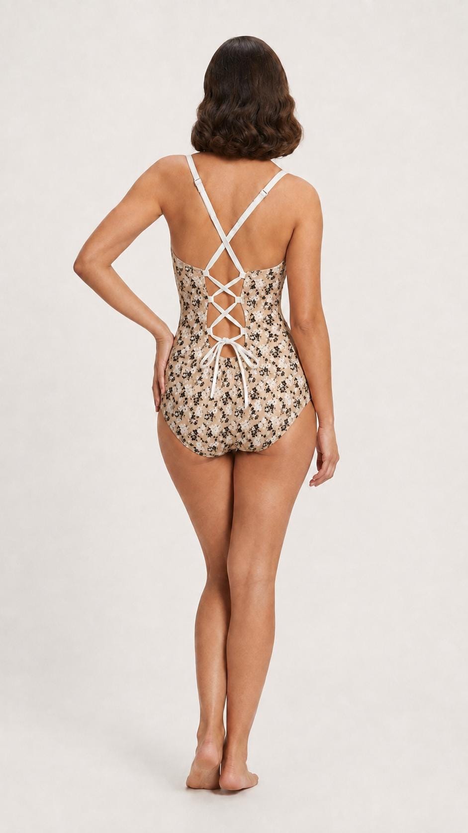 Retro Romantic Floral Push-Up One-Piece Swimsuit, Lace-Up Back, Classic Autumnal Ditsy Florals in Beige