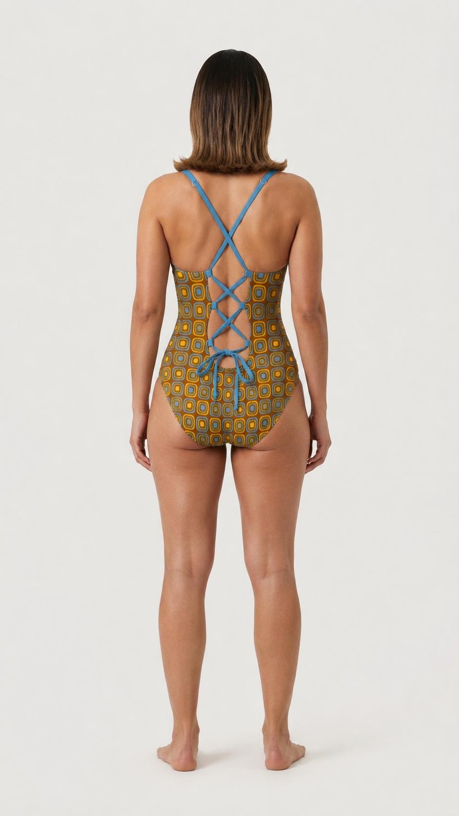 Retro Boho Sixties Mod Push-Up One-Piece Swimsuit with Lace-Up Back, Brown Blobs with Blue