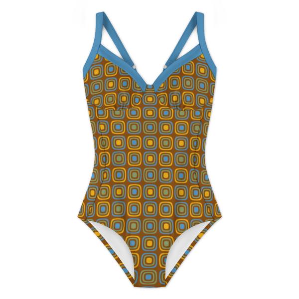 Retro Boho Sixties Mod Push-Up One-Piece Swimsuit with Lace-Up Back, Brown Blobs with Blue