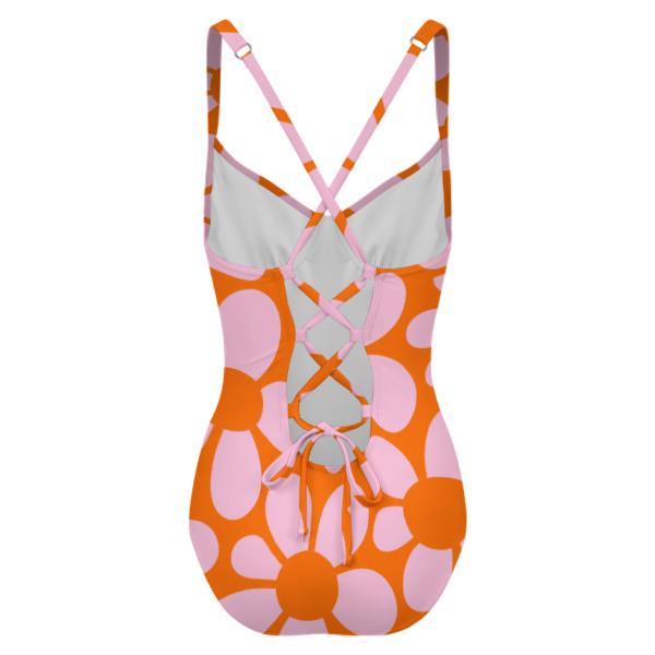 Retro Boho Floral Push-Up One-Piece Swimsuit with Lace-Up Back, Vintage Florals in Orange