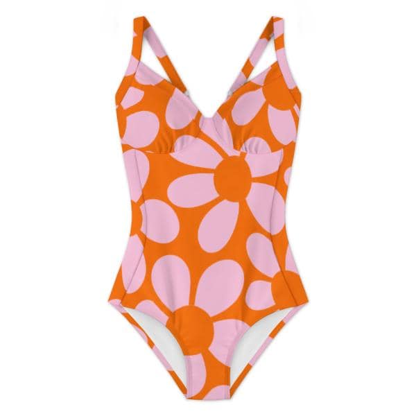 Retro Boho Floral Push-Up One-Piece Swimsuit with Lace-Up Back, Vintage Florals in Orange