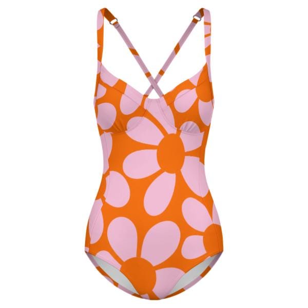 Retro Boho Floral Push-Up One-Piece Swimsuit with Lace-Up Back, Vintage Florals in Orange
