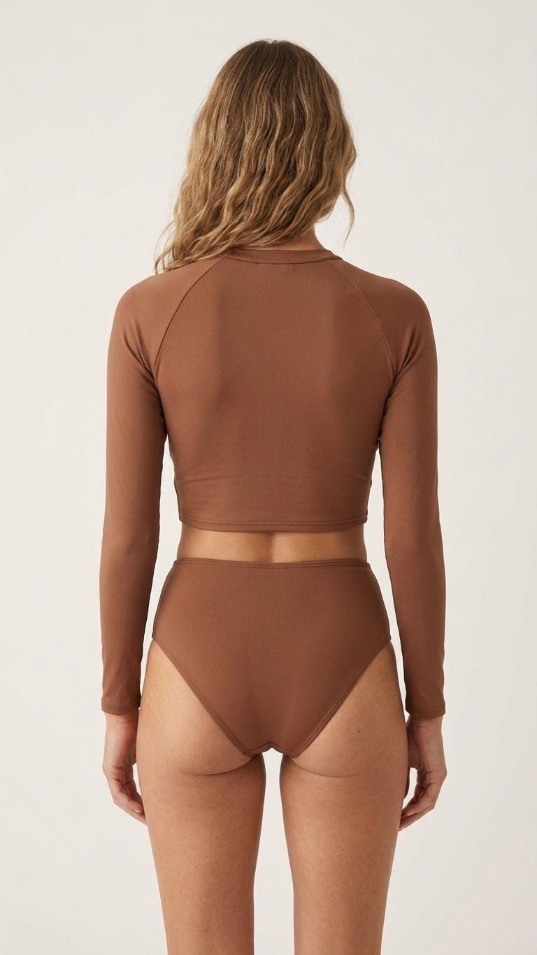 70s Retro Surf Sporty Long-Sleeve Rash-Guard Bikini | High-Waist Two-Piece Swimsuit | Classic Brown