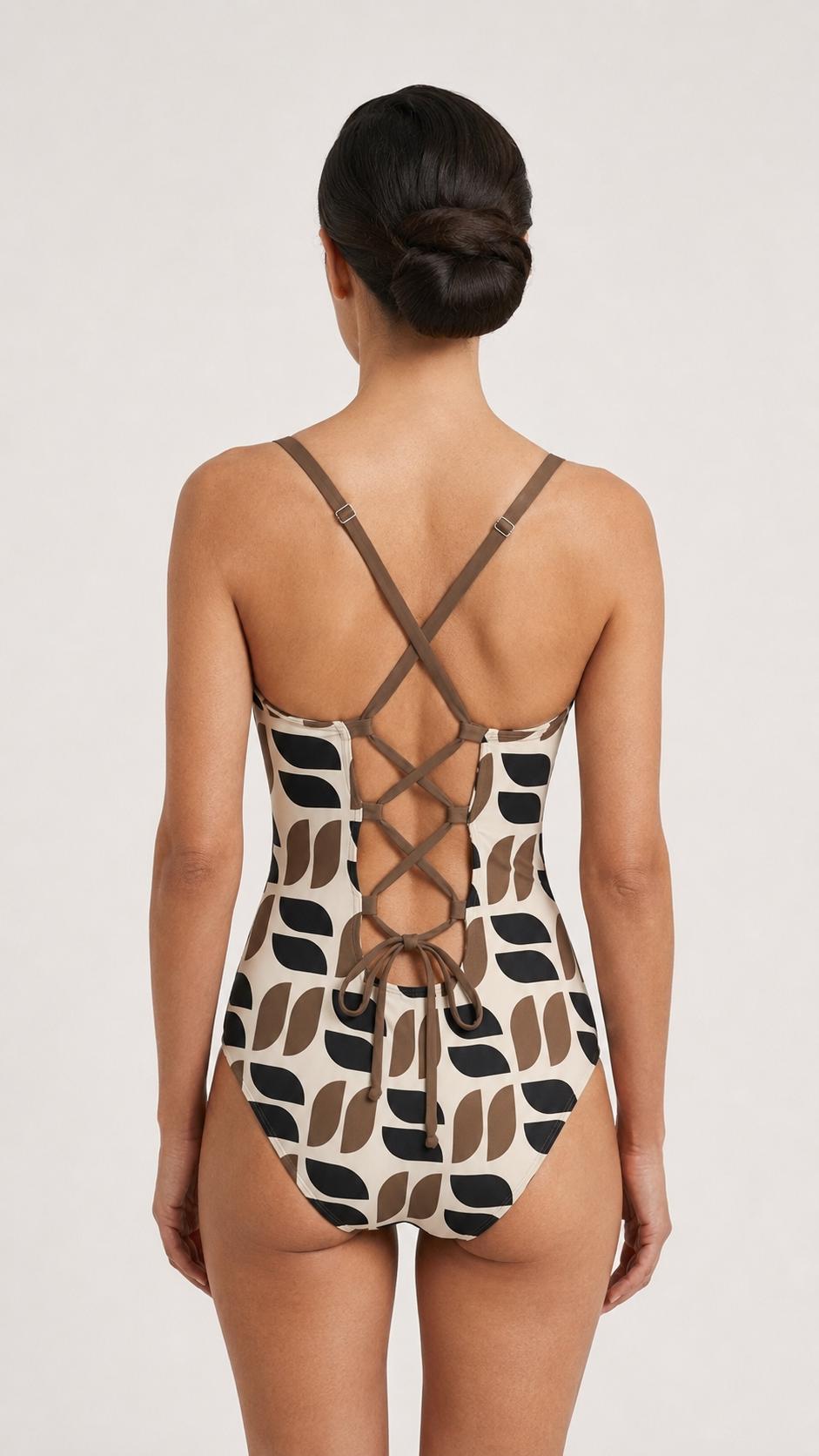 Retro Boho Sixties Mod Push-Up One-Piece Swimsuit, Lace-Up Back, Midcentury Brown