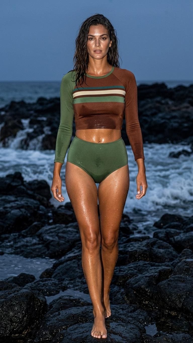70s Retro Surf Sporty Long-Sleeve Rash-Guard Bikini | High-Waist Two-Piece Swimsuit | Brown & Green Striped