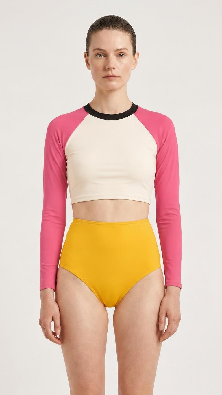 Mid-Century Mod-Style Retro Long-Sleeve Rash-Guard Bikini | Two-Piece Swimsuit with High-Waisted Bottoms | Acid Pink & Yellow