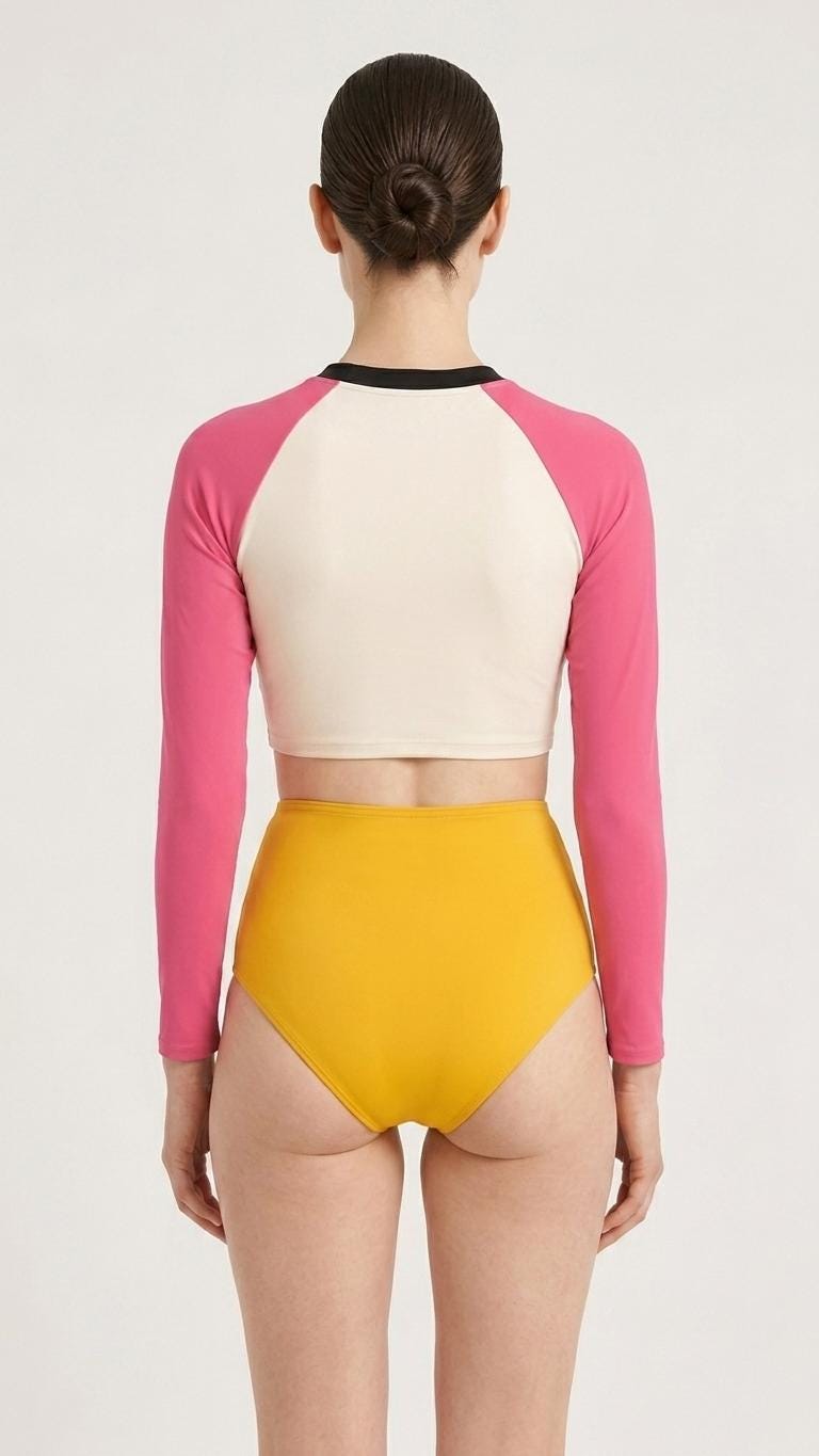 Mid-Century Mod-Style Retro Long-Sleeve Rash-Guard Bikini | Two-Piece Swimsuit with High-Waisted Bottoms | Acid Pink & Yellow