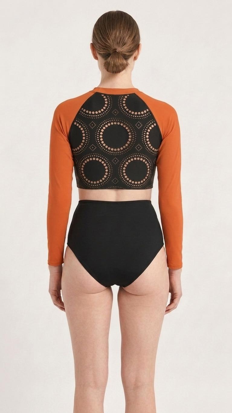 Mid-Century Mod-Style Retro Long-Sleeve Rash-Guard Bikini | Two-Piece Swimsuit with High-Waisted Bottoms | Black & Orange
