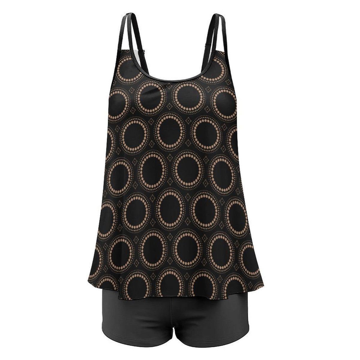 Black Mid-Century Mod Pattern Flowy Halter Tankini Set – Two-Piece Swimsuit with Boyshorts