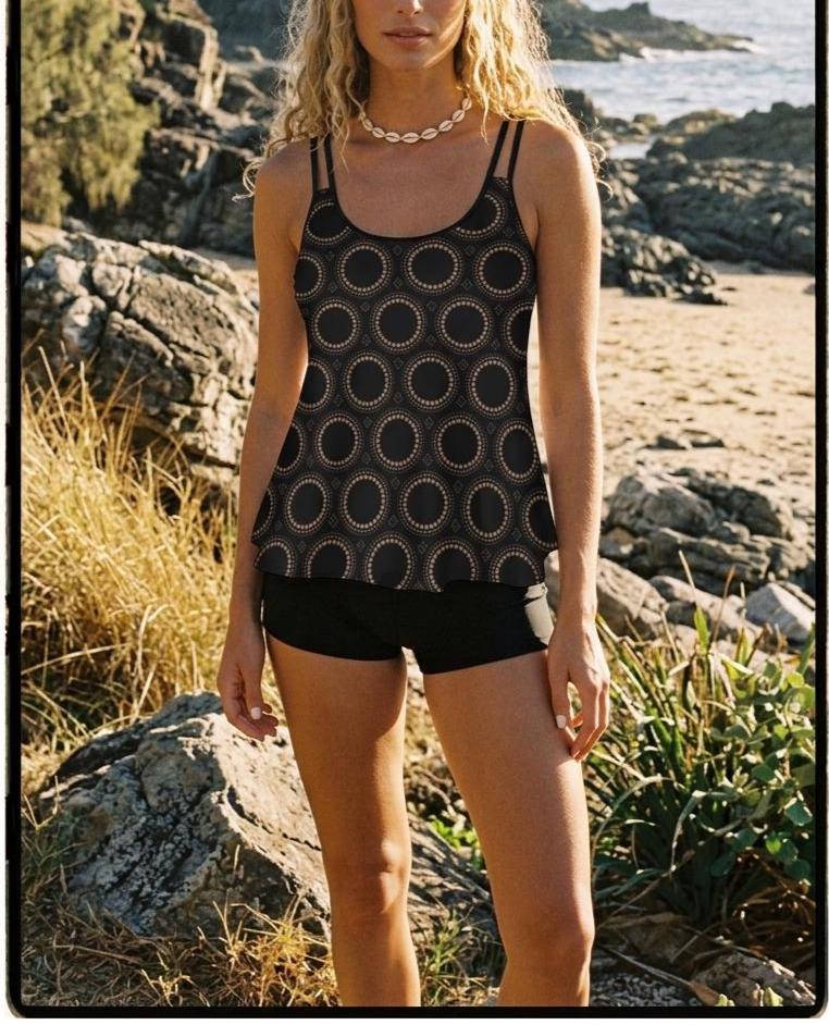 Black Mid-Century Mod Pattern Flowy Halter Tankini Set – Two-Piece Swimsuit with Boyshorts