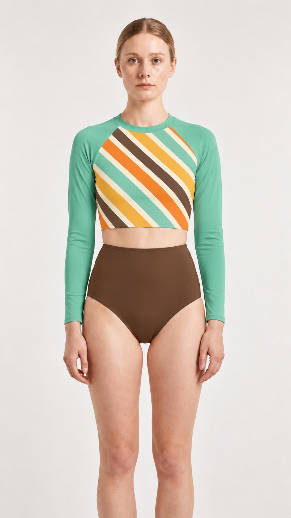 70s Retro Surf Sporty Long-Sleeve Rash-Guard Bikini | High-Waist Two-Piece Swimsuit | Mint & Brown Striped