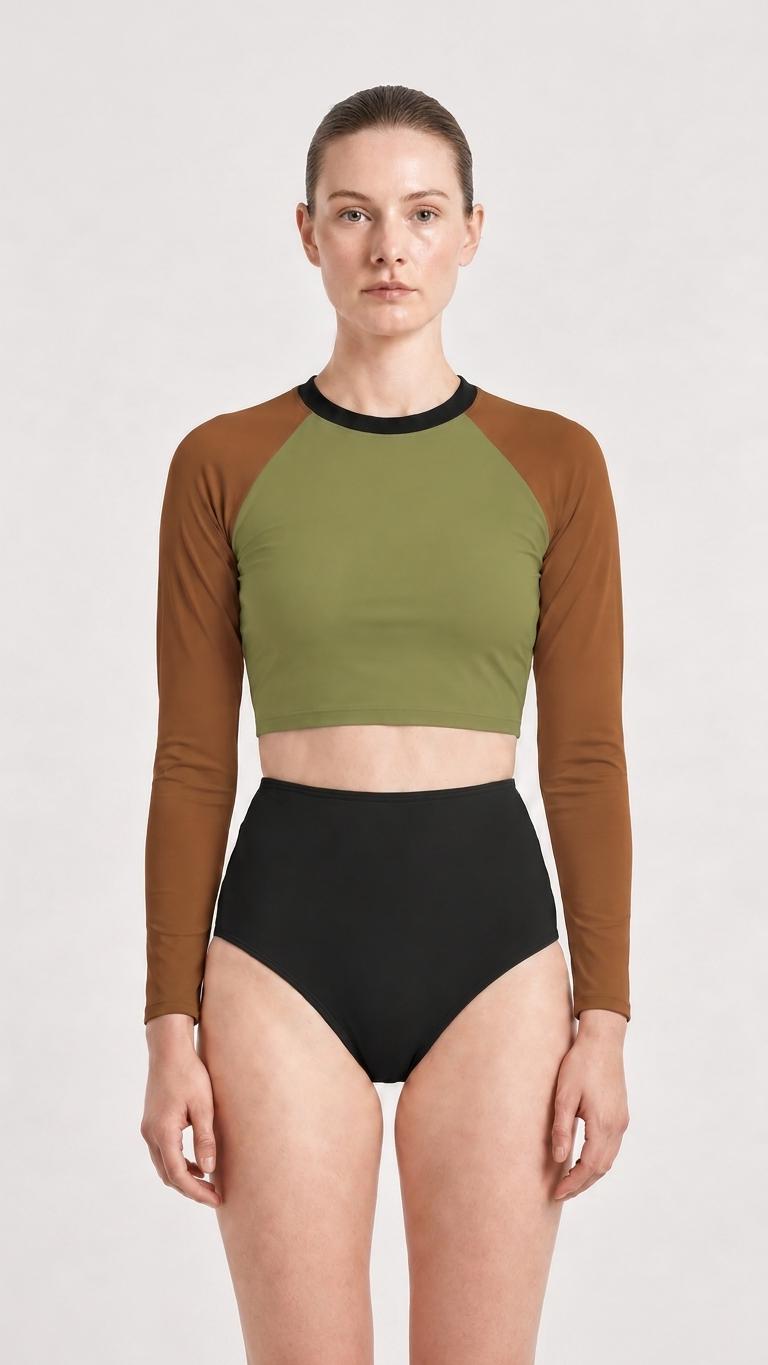 Mid-Century Mod-Style Retro Long-Sleeve Rash-Guard Bikini | Two-Piece Swimsuit with High-Waisted Bottoms | Brown, Green & Black