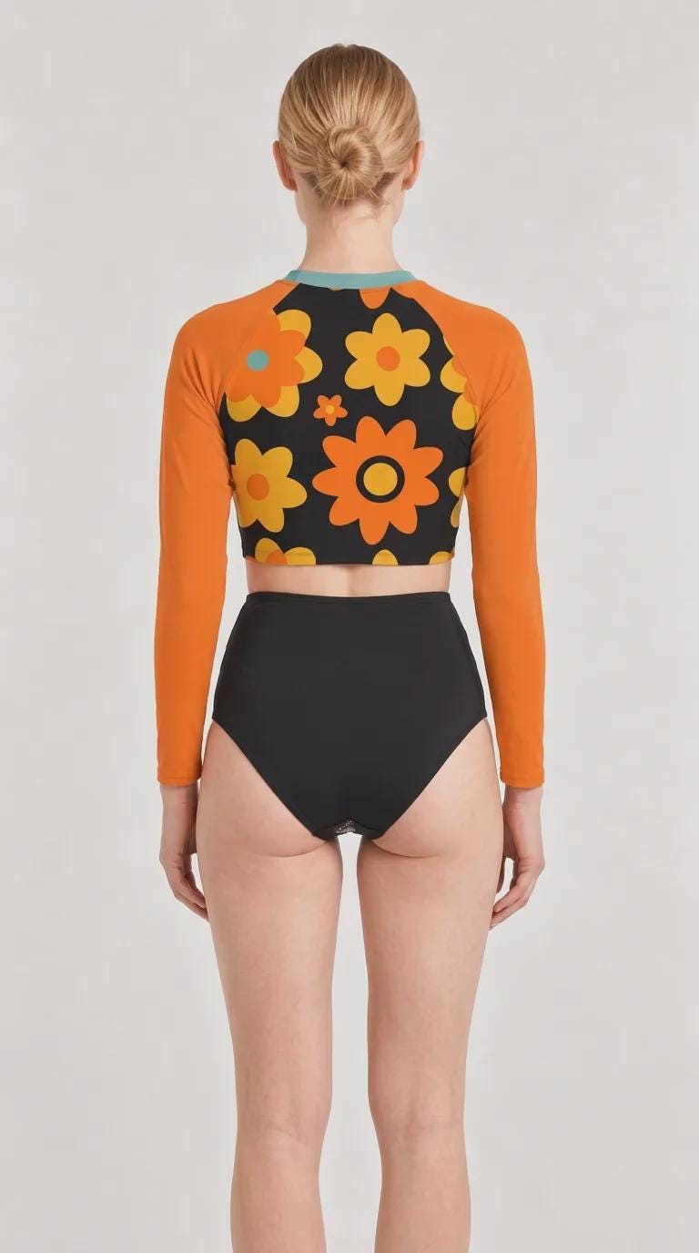 Mid-Century Mod-Style Retro Long-Sleeve Rash-Guard Bikini | Two-Piece Swimsuit with High-Waisted Bottoms | Orange Florals