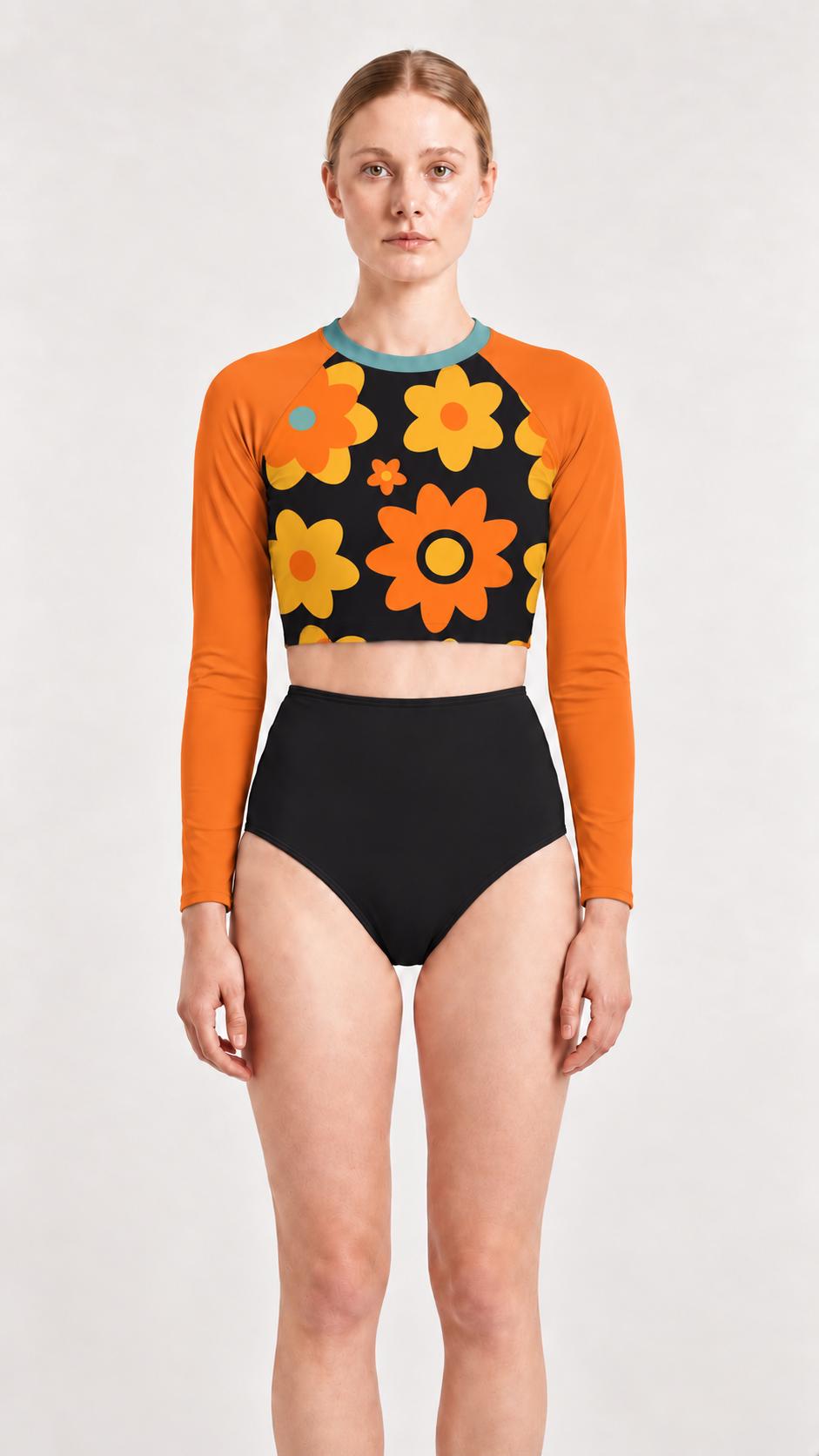 Mid-Century Mod-Style Retro Long-Sleeve Rash-Guard Bikini | Two-Piece Swimsuit with High-Waisted Bottoms | Orange Florals