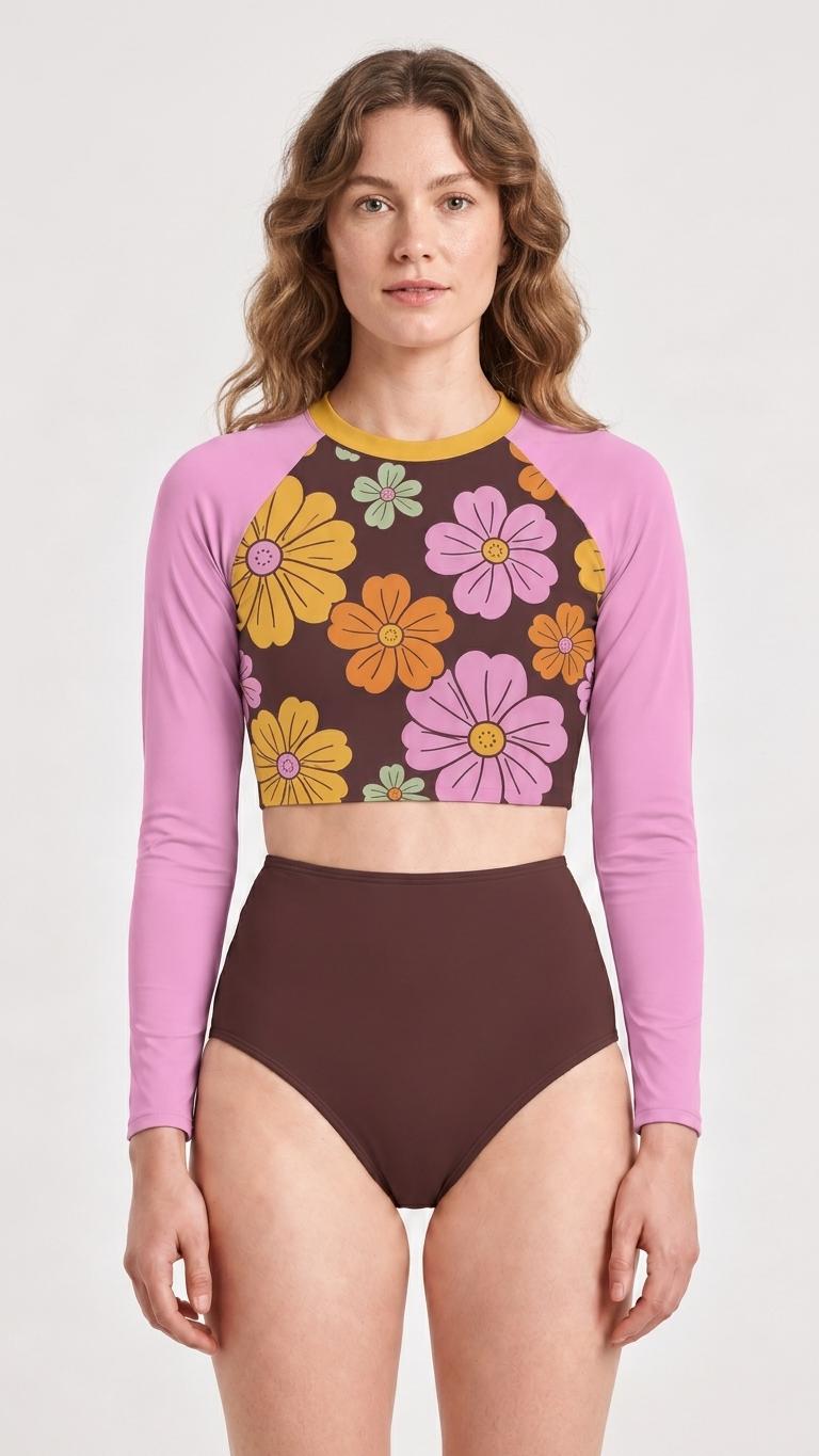Mid-Century Mod-Style Retro Long-Sleeve Rash-Guard Bikini | Two-Piece Swimsuit with High-Waisted Bottoms | Thistle with Florals