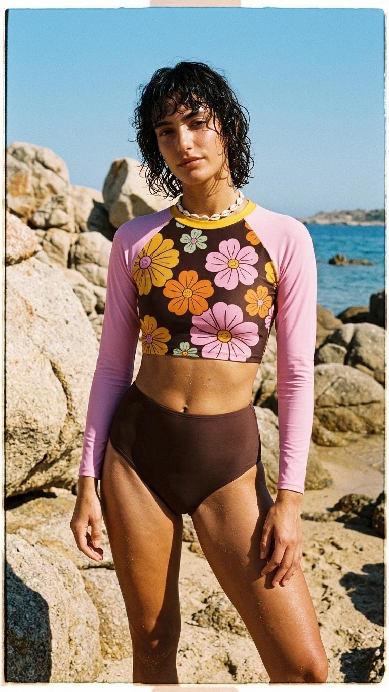 Mid-Century Mod-Style Retro Long-Sleeve Rash-Guard Bikini | Two-Piece Swimsuit with High-Waisted Bottoms | Thistle with Florals