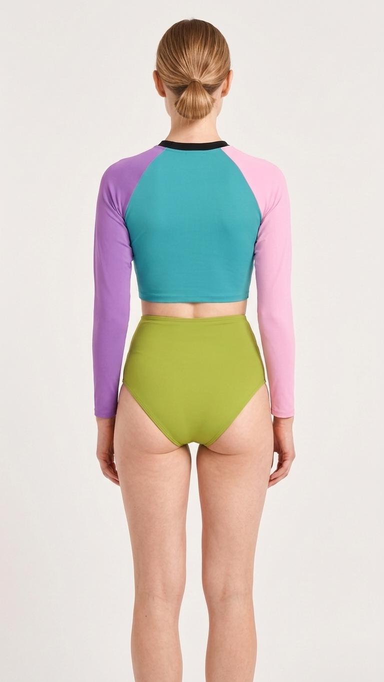 Mid-Century Mod Colours Retro Long-Sleeve Rash-Guard Bikini | Two-Piece Swimsuit with High-Waisted Bottoms | Blue & Green
