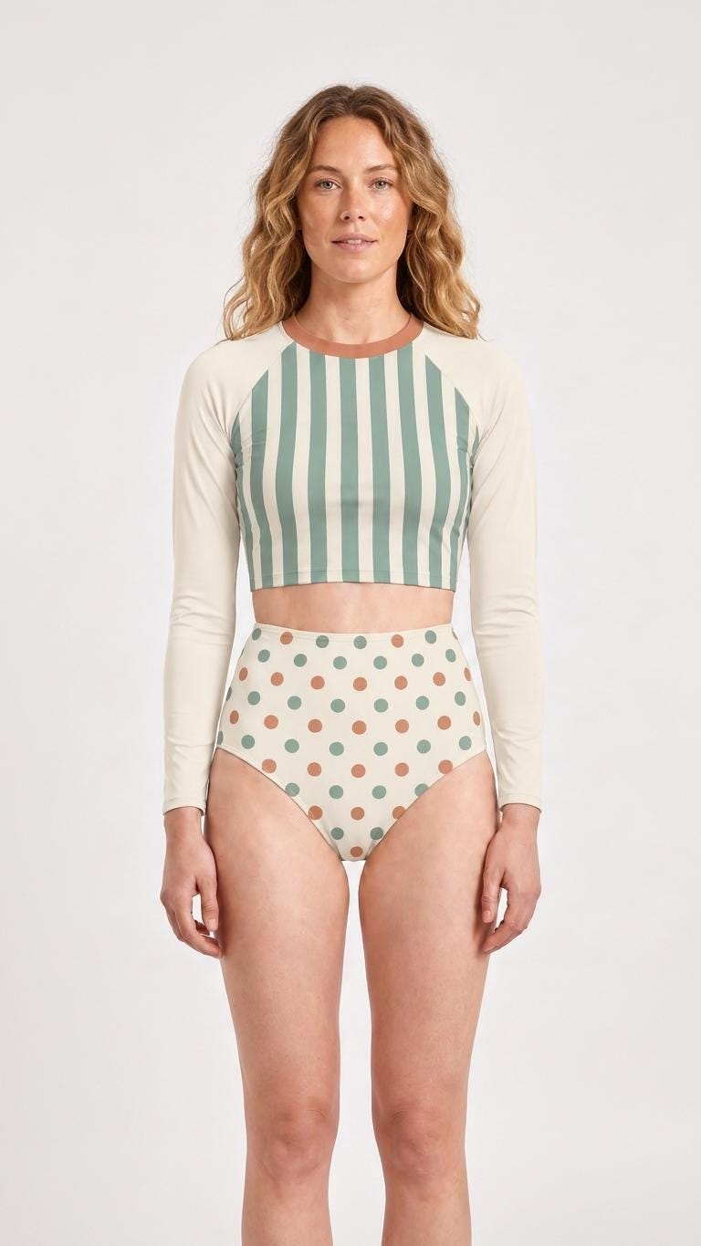 Retro Surf Sporty Long-Sleeve Rash-Guard Bikini | High-Waist Two-Piece Swimsuit | Blue & Peach