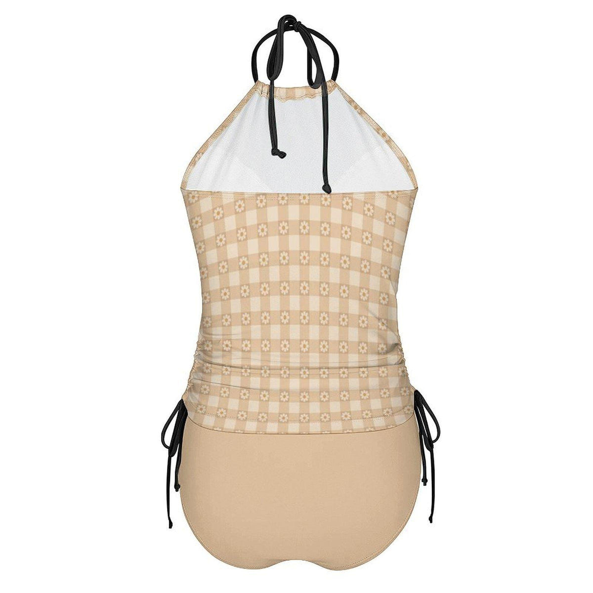 Coquette Retro Gingham Checkered Tankini – Vintage-Inspired Two-Piece Drawstring Halterneck Swimsuit – Beige with Daisies