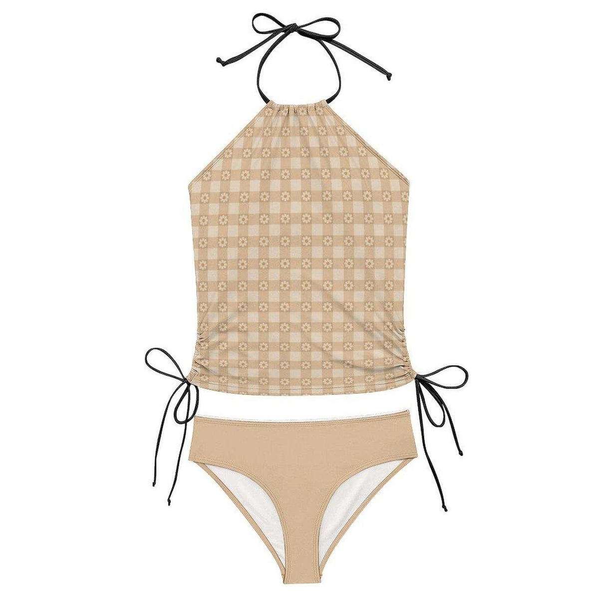 Coquette Retro Gingham Checkered Tankini – Vintage-Inspired Two-Piece Drawstring Halterneck Swimsuit – Beige with Daisies