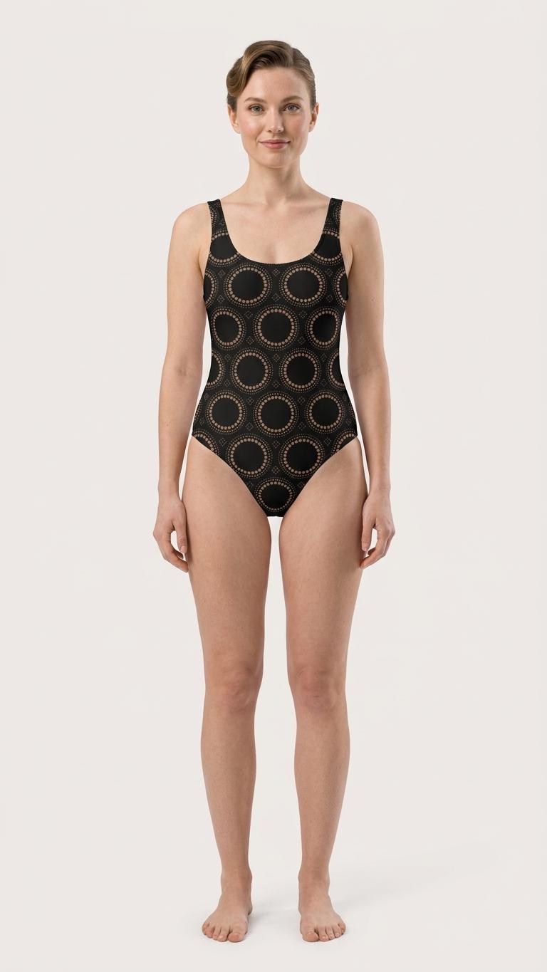 Retro Chic Classic Mid-Century Black Print One-Piece Swimsuit – Scoop Back