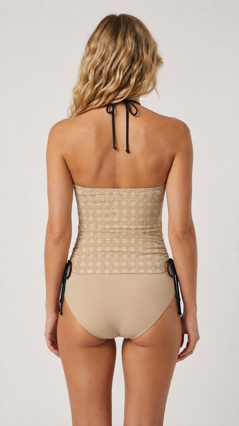 Coquette Retro Gingham Checkered Tankini – Vintage-Inspired Two-Piece Drawstring Halterneck Swimsuit – Beige with Daisies