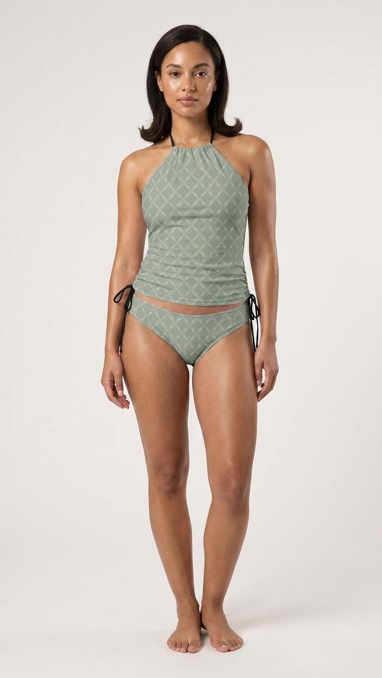 Coquette Retro Checkered Tankini – Vintage-Inspired Two-Piece Drawstring Halterneck Swimsuit – Dusty Blue Trellis