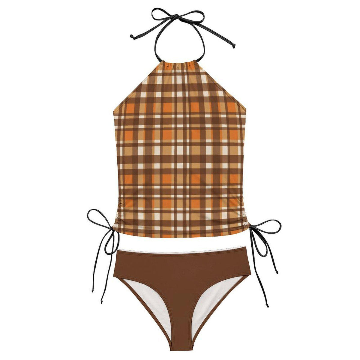Retro Plaid Tankini: Brown & Orange Halter Swimsuit with Drawstrings