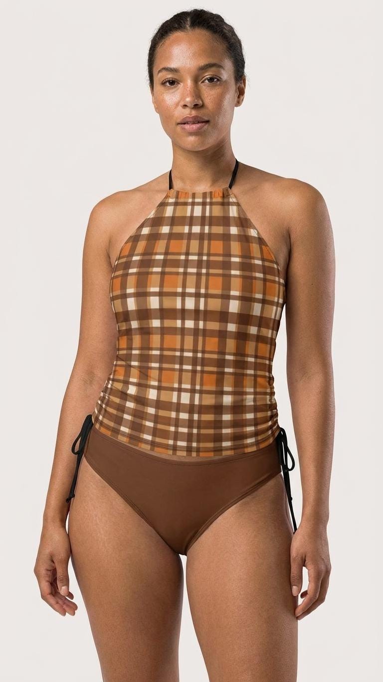 Retro Plaid Tankini: Brown & Orange Halter Swimsuit with Drawstrings