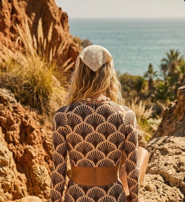 Black & White Art Deco-Inspired Two-Piece Swimsuit, Retro Long Sleeve Crop Rash Guard