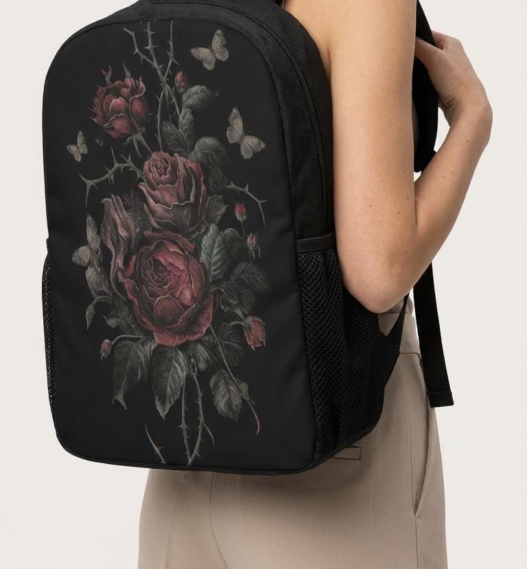 Vampire Art Unisex Black Grunge Goth Roses with Moth - Student Backpack - 3 Sizes