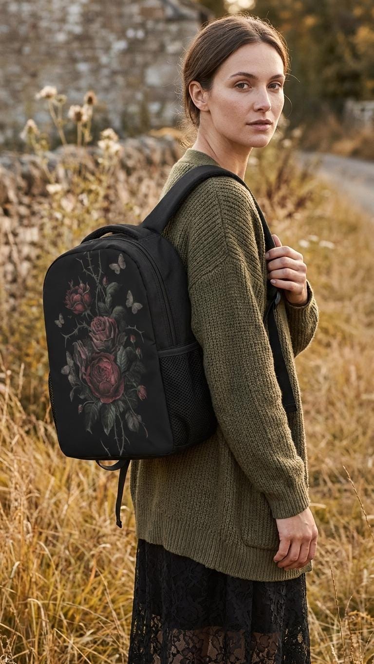 Vampire Art Unisex Black Grunge Goth Roses with Moth - Student Backpack - 3 Sizes