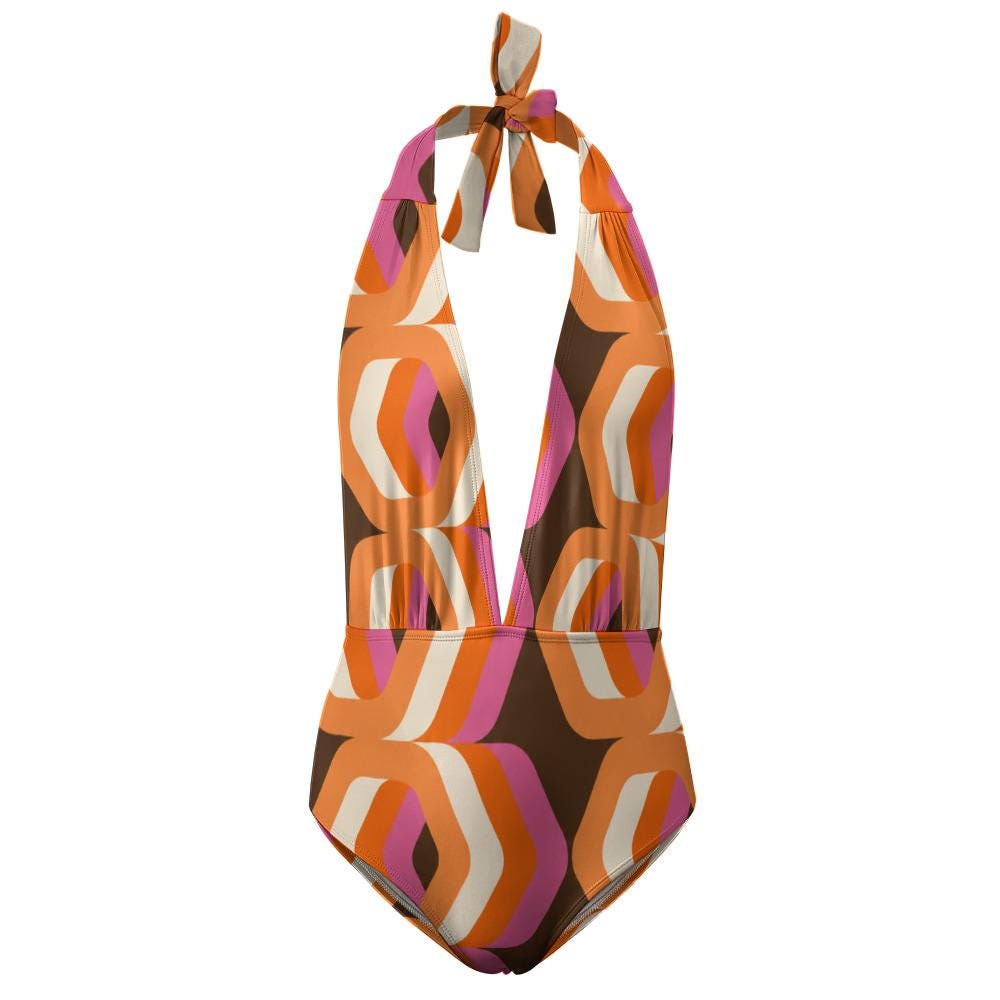 Retro Monroe Brown Mod-Style Mid-Century Halter Plunge One Piece Swimsuit