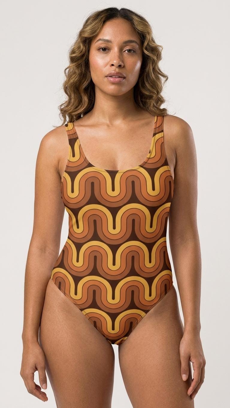 Retro Chic Classic Mid-Century Brown Wave One-Piece Swimsuit – Scoop Back