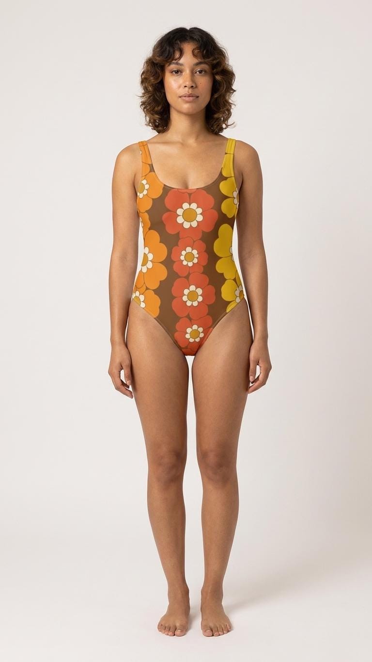 Retro Chic Groovy 1970s Floral Stripes One-Piece Swimsuit – Scoop Back