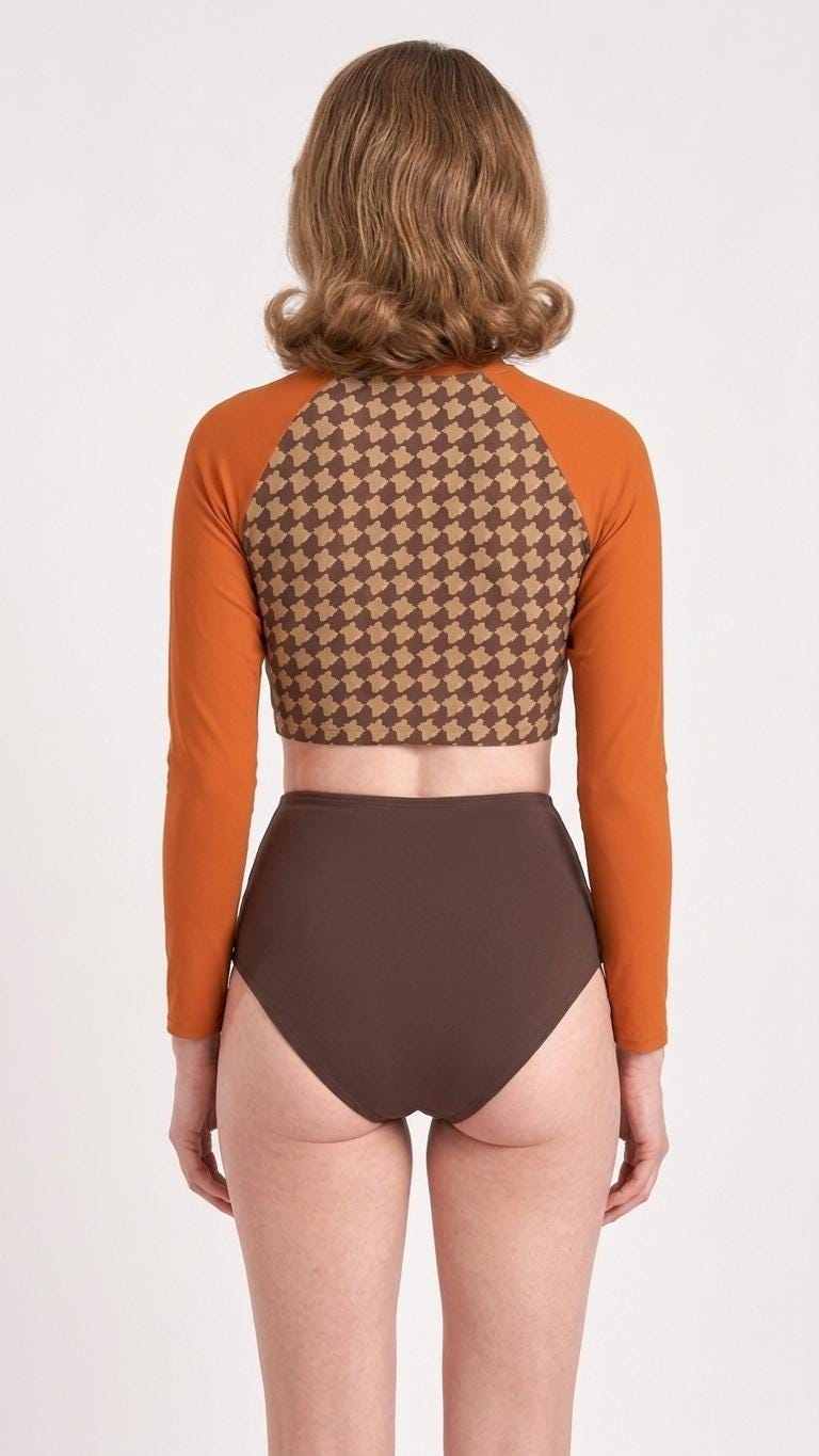 Sporty Long-Sleeve Crop-Top Bikini High-Waist Swimsuit, Trendy Retro Beachwear, Brown & Orange with Houndstooth