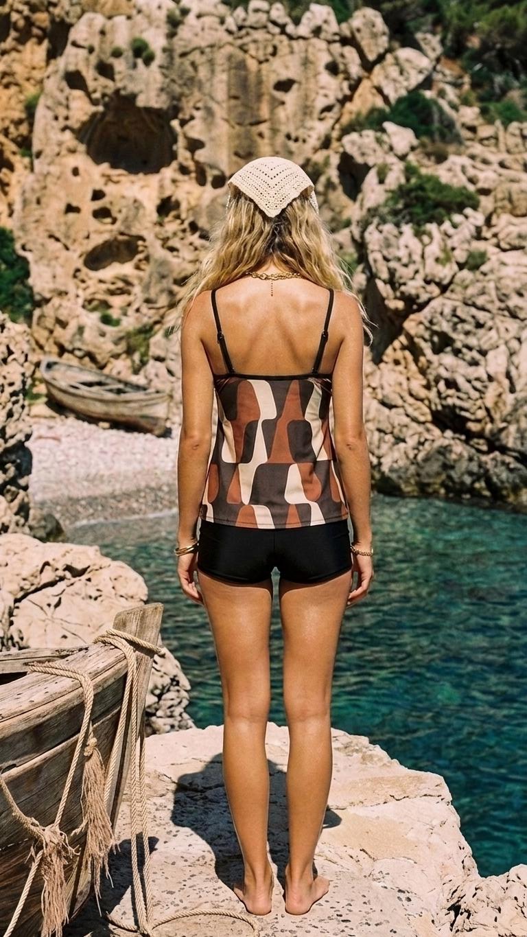 Mod Retro Style Flowy Halter Tankini Set – Two-Piece Swimsuit Set with Boyshorts