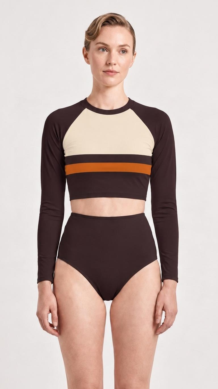 Mid-Century Mod Colours Retro Long-Sleeve Rash-Guard Bikini | Two-Piece Swimsuit with High-Waisted Bottoms | Brown