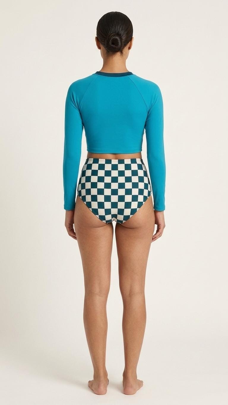 Mid-Century Mod Colours Retro Long-Sleeve Rash-Guard Bikini | Two-Piece Swimsuit with High-Waisted Bottoms | Chequered Blue