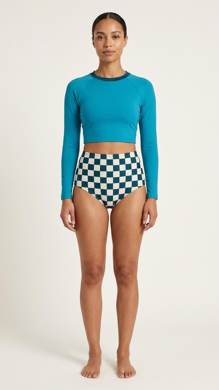 Mid-Century Mod Colours Retro Long-Sleeve Rash-Guard Bikini | Two-Piece Swimsuit with High-Waisted Bottoms | Chequered Blue