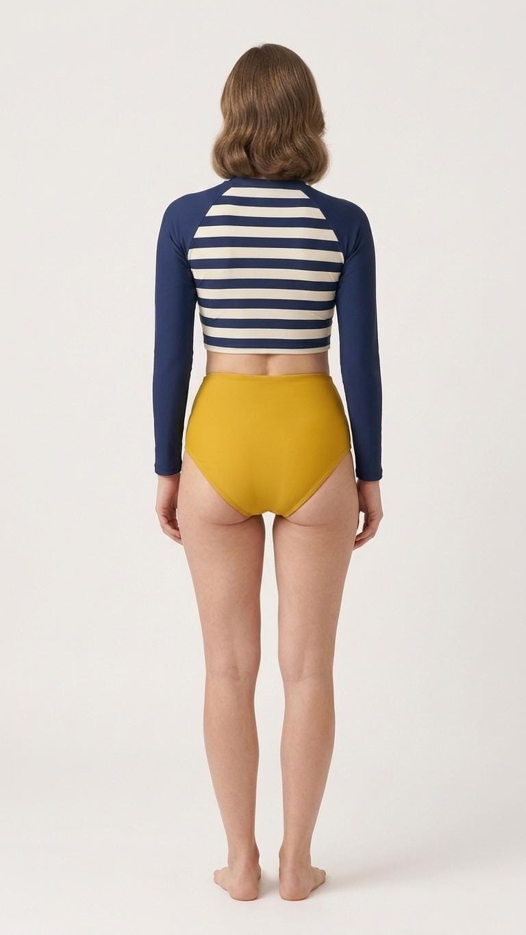 Retro Surf Sporty Long-Sleeve Rash-Guard Bikini | High-Waist Two-Piece Swimsuit | Blue Stripes & Mustard