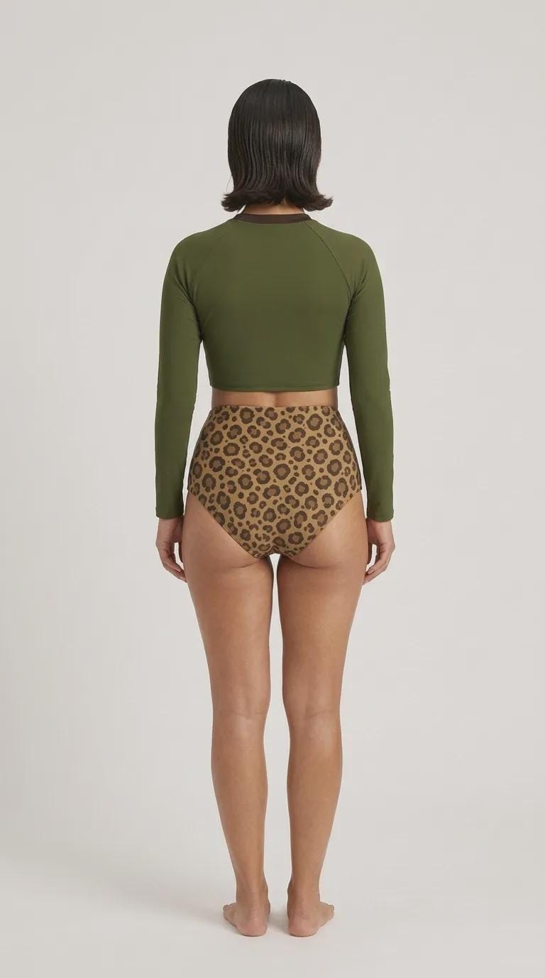 Mid-Century Mod Retro Long-Sleeve Rash-Guard Bikini | Two-Piece Swimsuit with High-Waisted Bottoms | Green & Brown Leopard