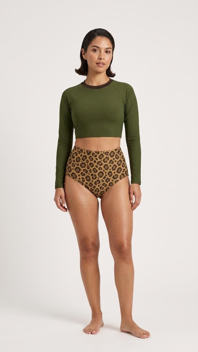 Mid-Century Mod Retro Long-Sleeve Rash-Guard Bikini | Two-Piece Swimsuit with High-Waisted Bottoms | Green & Brown Leopard