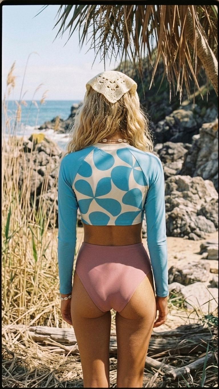 Mid-Century Mod-Style Retro Long-Sleeve Rash-Guard Bikini | Two-Piece Swimsuit with High-Waisted Bottoms | Blue & Rose